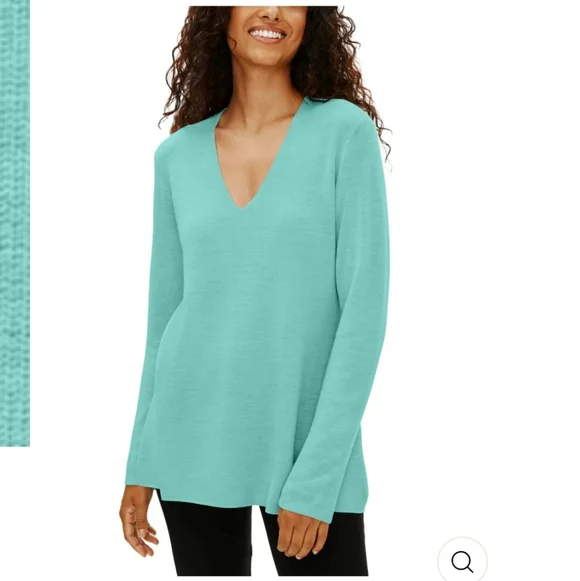 Eileen Fisher 100% Merino Wool Teal V‑Neck Knit Top - Picture 7 of 7